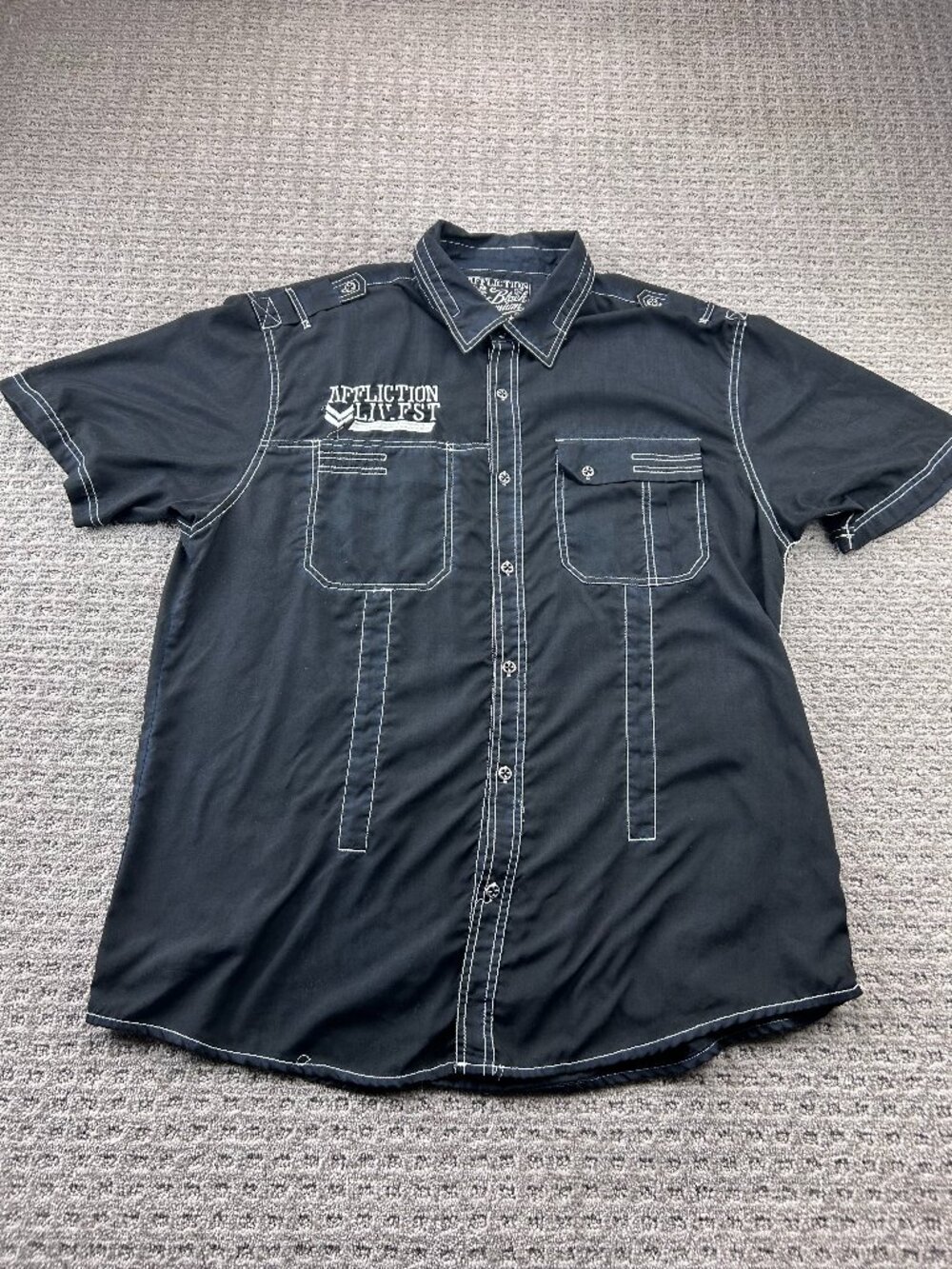 Affliction Black Premium Shirt Men 2XL Button Up Polo Skull Logo Embroidered